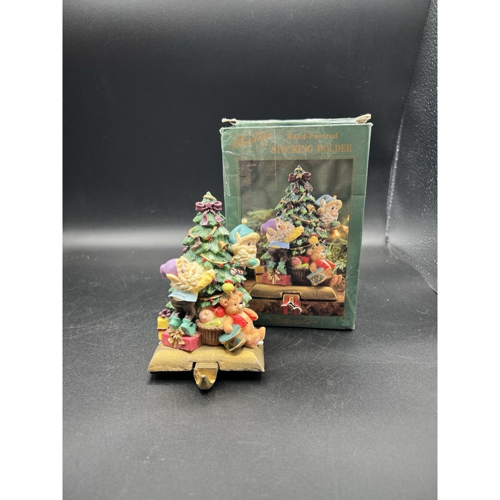 Heritage Christmas Tree Santa Claus Elf Hand Painted Stocking Holder